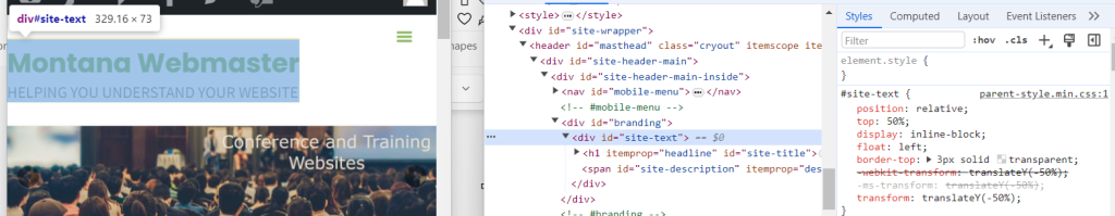 Screenshot of mobile site and Chrome developer tools.